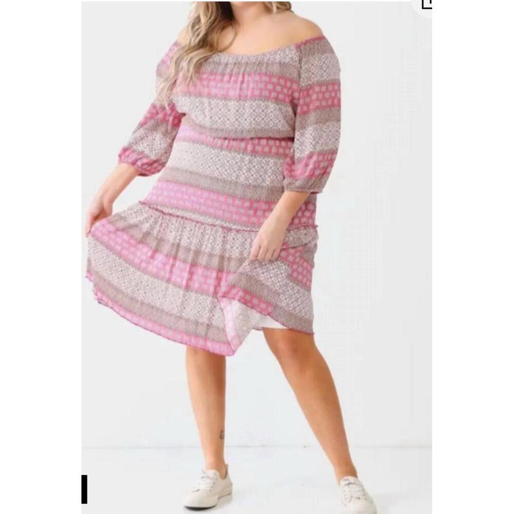 Janette Plus Ruffle Flare Hem Midi Dress Size 1X NWOT Pinks Grays Boho Cottage